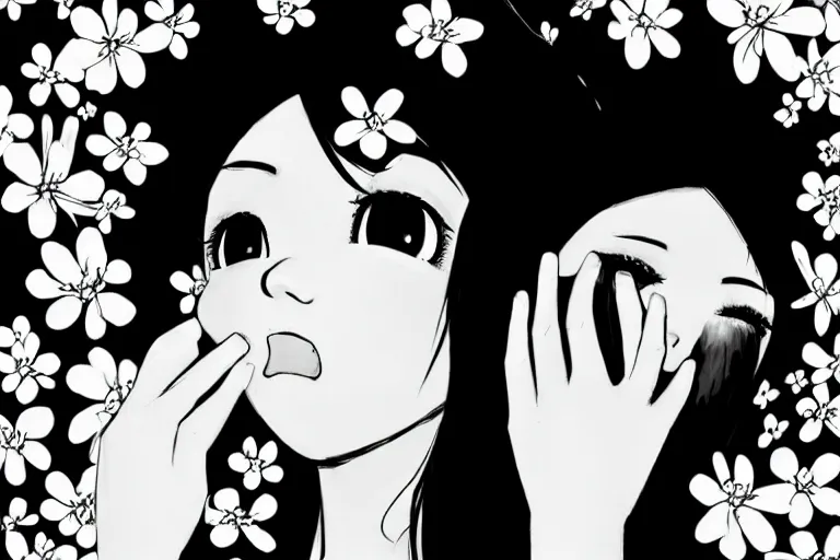 Image similar to “Extremely distraught black and white anime girl dramatically crying with flowers petals being blown around her by a violent wind, black and white”