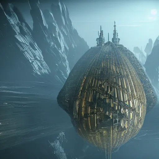 Image similar to enormous flying city in a faberge egg, sky, steampunk, fantasy art, masterpiece, hugh ferriss, unreal engine 5, peder balke