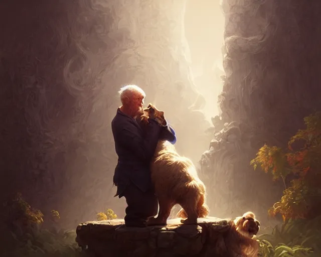 Image similar to old man hugging an old dog, deep focus, d & d, fantasy, intricate, elegant, highly detailed, digital painting, artstation, concept art, matte, sharp focus, illustration, hearthstone, art by artgerm and greg rutkowski and alphonse mucha