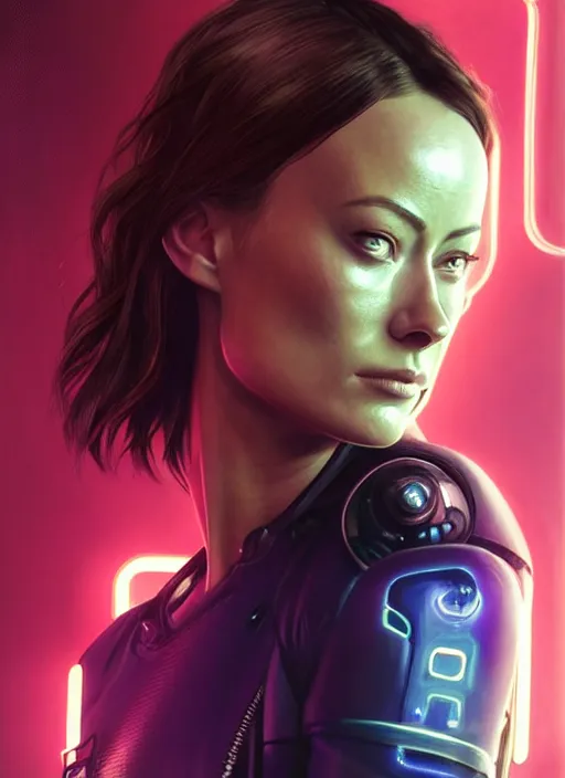 Image similar to portrait of Olivia Wilde as a drug addicted character in Cyberpunk 2077, looking at camera, intricate, dystopian, sci-fi, extremely detailed, digital painting, artstation, concept art, smooth, sharp focus, illustration, intimidating lighting, incredible art by artgerm and greg rutkowski and alphonse mucha and simon stalenhag