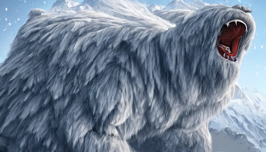 Prompt: Digital painting of a giant yeti roaring to the sky in a middle of snowy mountains, hyperdetailed, artstation, cgsociety, 8k