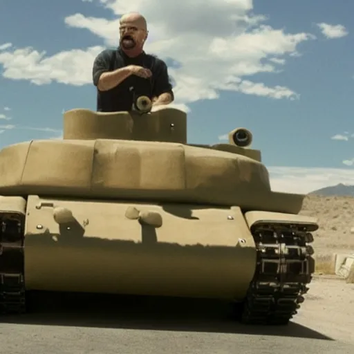 Prompt: Mid shot photo of Walter White driving a tank