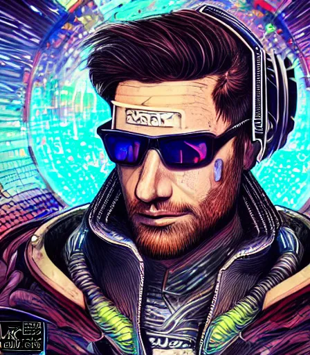 Prompt: hyper detailed comic illustration of a cyberpunk Thor wearing a futuristic sunglasses and a gorpcore jacket, markings on his face, by Android Jones intricate details, vibrant, solid background, low angle fish eye lens