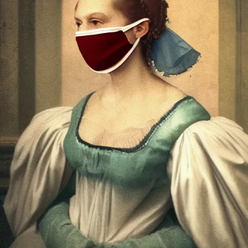 Prompt: a woman wearing a mask with pearls on it, a colorized photo by michelangelo, reddit, rococo, adafruit, art, colorized