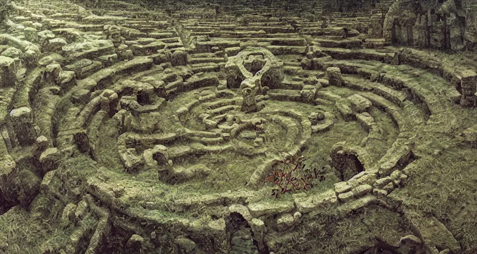 Image similar to ancient greek overgrown labyrinthwith an gigantic ancient altar in the center, by beksinski, rutkovski, bosch, retro fantasy movie, highly detailed, photorealistic, illustration, matte painting, 8 k