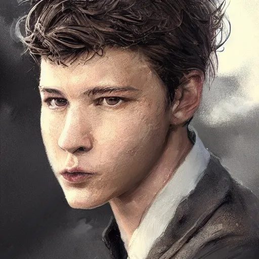 Image similar to portrait of a man by greg rutkowski, he looks like tye sheridan, he is about 2 0 years old, messy brown hair, tired eyes, he is wearing a black and white kevlar superhero suit, highly detailed portrait, digital painting, artstation, concept art, smooth, sharp foccus ilustration, artstation hq