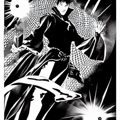 Prompt: pen and ink!!!! attractive 22 year old Dr. Strange Gantz monochrome!!!! Frank Zappa x Ryan Gosling highly detailed manga Vagabond!!!! telepathic floating magic swordsman!!!! glides through a beautiful!!!!!!! battlefield magic the gathering dramatic esoteric!!!!!! pen and ink!!!!! illustrated in high detail!!!!!!!! graphic novel!!!!!!!!! by Hiroya Oku!!!!!!!!! and Frank Miller!!!!!!!!! MTG!!! award winning!!!! full closeup portrait!!!!! action manga panel