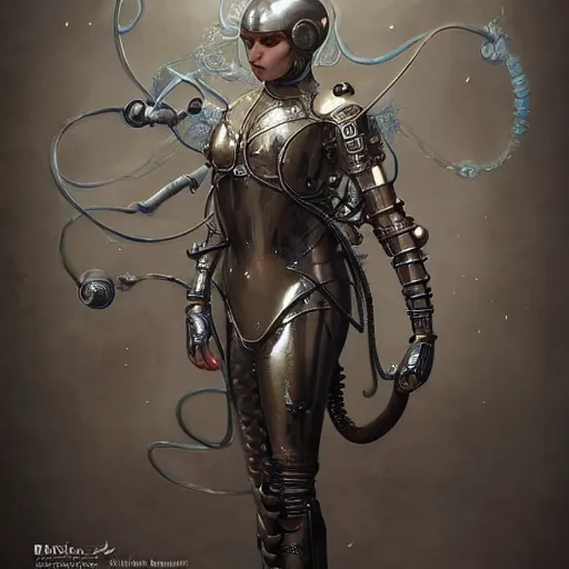 Prompt: tom bagshaw, curiosities carnival, photorealistic medium shot soft paint of a single beautiful cosplay full long futuristic metallic armor very tight metal helmet ornate, face, gynoid cyborg wires tentacles body, accurate features, focus, very intricate ultrafine details, award winning masterpiece