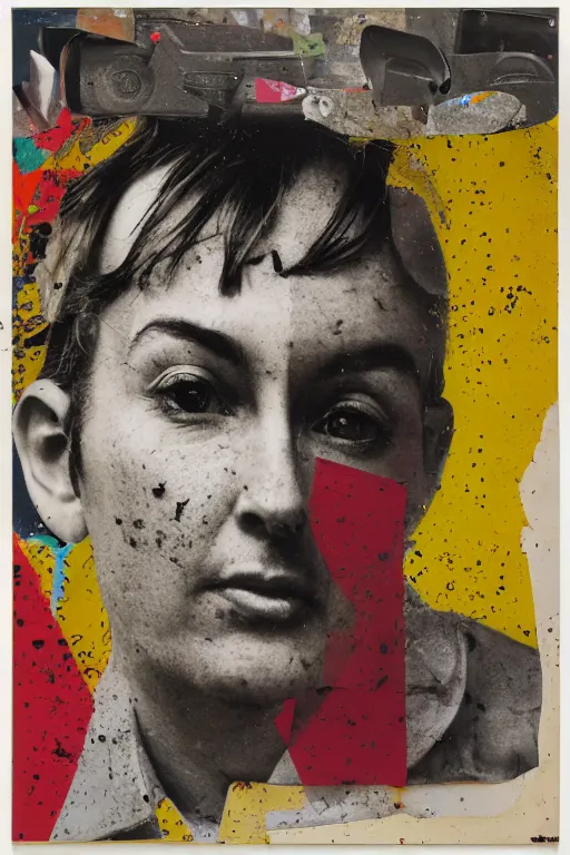 Image similar to life without ammo by richard hamilton and mimmo rotella and violet polsangi, photo realistic, human face details, old photo scattered, pop art, incrinate, sharp focus, symmetrical, pararel, justify content center, random content, balance and proportional, cleanest image, white frame border