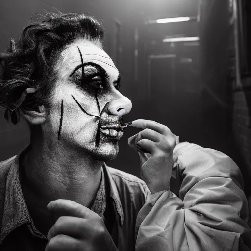 Image similar to an old 5 0 mm close up portrait of a man putting on clown makeup in a dark foggy alley