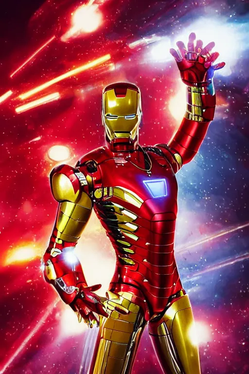 Image similar to portrait photo of michael jackson wearing a giant huge golden and red metal futuristic steampunk iron man suit with a red guitar covered with multicolored big gears and tubes, eyes are glowing red lightbulbs, shiny crisp finish, 3 d render, 8 k, insaneley detailed, fluorescent colors, background is multicolored lasershow