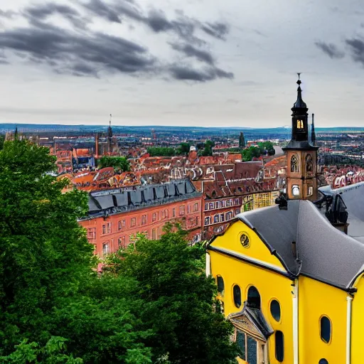 Image similar to a large yellow building with a steeple on top of it, a flemish baroque by karl stauffer - bern, unsplash, heidelberg school, panorama, wimmelbilder, nikon d 7 5 0