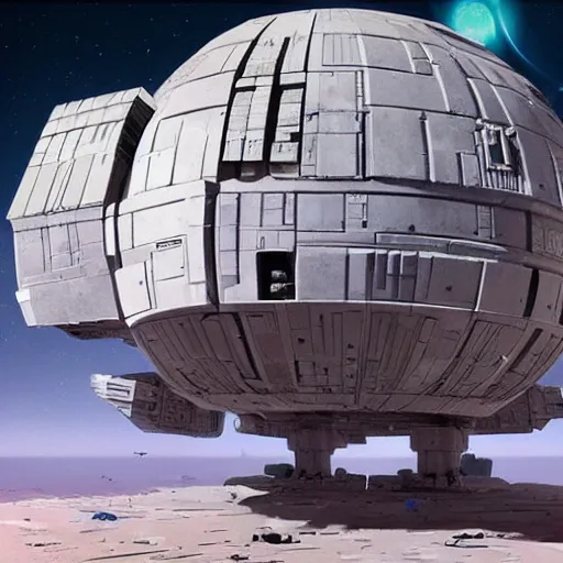Image similar to a super structure inspired by the death star floating in the space, with spaceship coming to it, by ian mcque and neil blevins