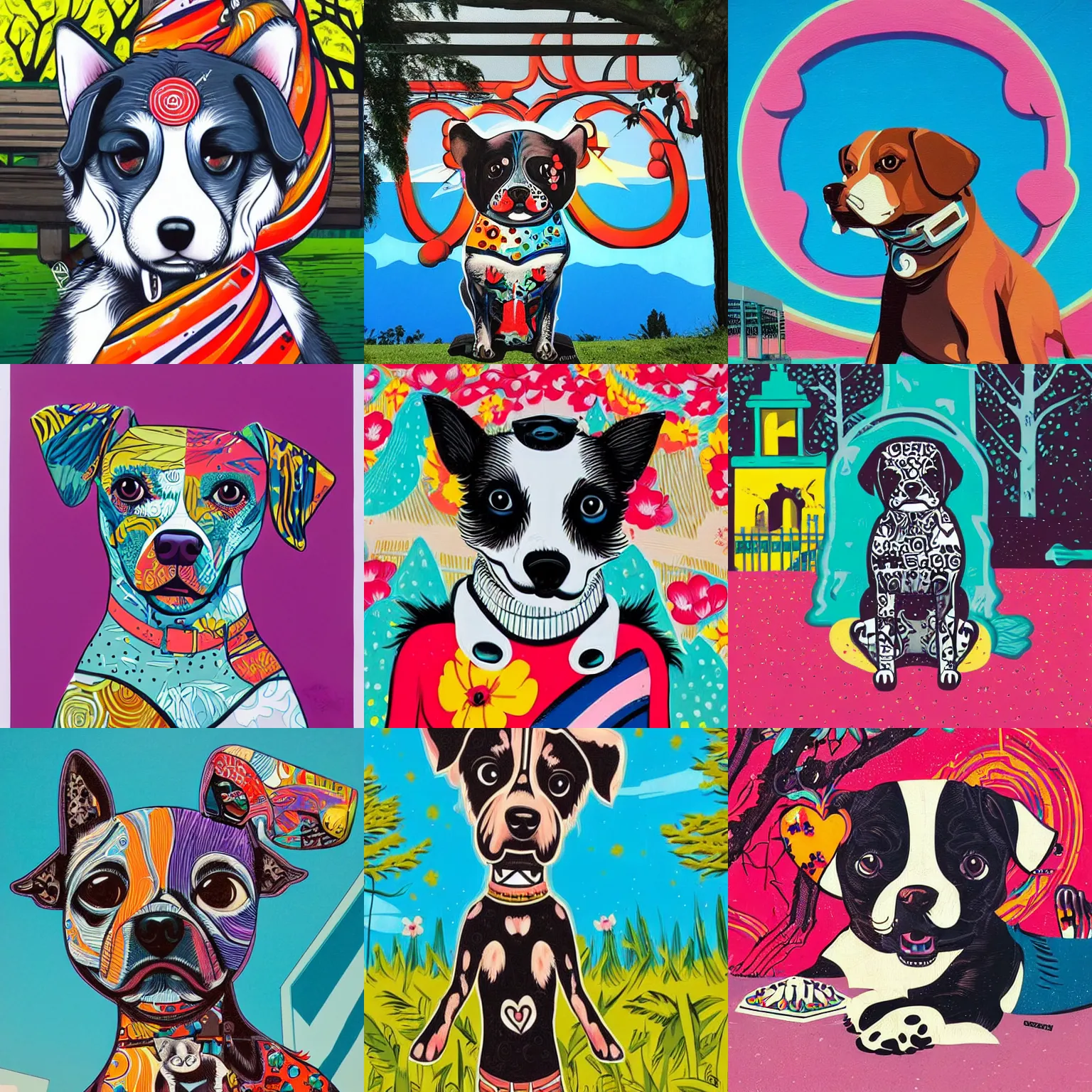 Prompt: a cute dog in a park, tristan eaton