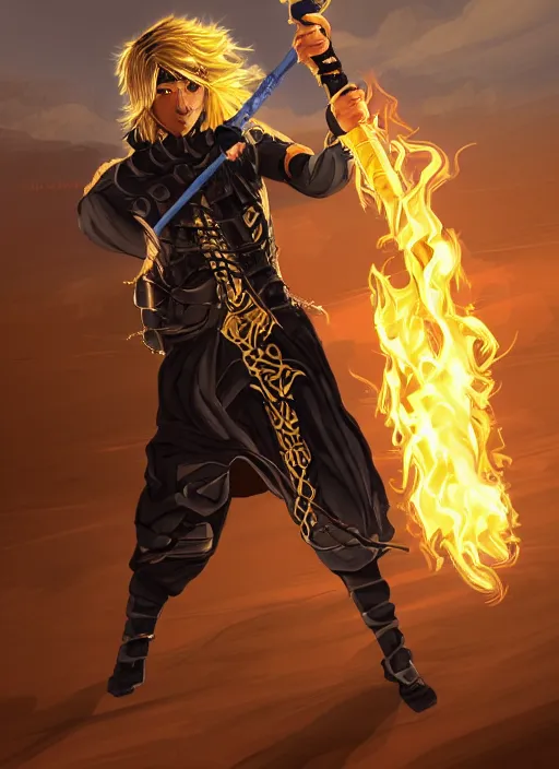 Image similar to An Artstation drawing style of a young man wearing a black scale ninja outfit with golden details, no mask, wavy golden hair and blue eyes. He is holding a golden bo staff. He is in a fiery desert with a blue sky.