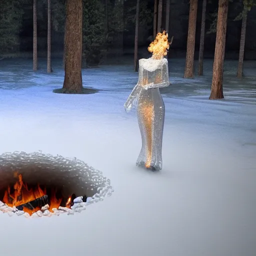 Image similar to a beautiful woman made out of crystal ice sitting by a campfire and slowly melting, by iris van herpen, unreal engine 5, outdoor campfire pit