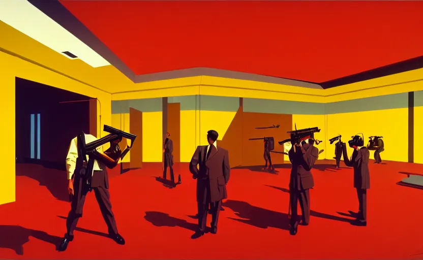 Image similar to syd mead, big room in center pedestal with ak 4 7 and men's in suit's around, soft light, red + yellow colours, golden facture, high quality details, two point perspective, denoise deep depth of field