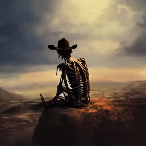 Image similar to a wounded skeleton cowboy watching a sunset, concept art, DeviantArt, art station, illustration, highly detailed, artwork, cinematic, hyper realistic