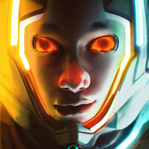 Image similar to yong boy destroyed to pieces with glowing yelow visor as a realistic scifi cyberpunk knight, closeup portrait art by james jean and greg rutkowski,, realistic face, like ironman, digital art, trending on artstation, 8 k
