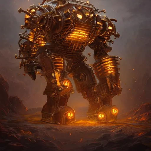 Prompt: a Steam powered mechanical golem in golden plate armoring, forward facing angle, concept art, character design, stunning 3d render , art by Tooth Wu and justin gerard and Blizzard studios, dim volumetric lighting, 8k octane beautifully detailed render, post-processing, extremely hyperdetailed, intricate complexity, epic composition, grim yet sparkling atmosphere, masterpiece, trending on artstation