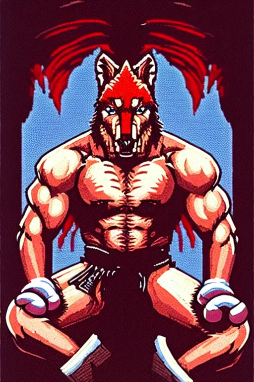 Image similar to extreme long shot. 8 bit nes graphics. antropomorphic muscular masculine wolf. kickboxer fighter, in shorts. wolf head. fine details, very sharp, art from nes game cartridge, 8 0's, vhs artefacts, vaporwave style, marc simonetti and hermann nitsch. contra