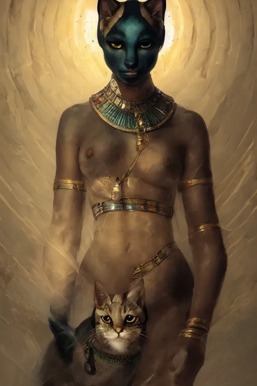 Image similar to portrait of the beautiful egyptian goddess, bastet, bast, woman / cat hybrid, soft torchlight in an egyptian tomb, digital art by ruan jia and mandy jurgens and artgerm and william - adolphe bouguereau, highly detailed, trending on artstation, award winning,