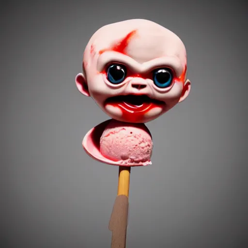 Image similar to ice cream popsicle shaped like screaming chucky doll, octane render, centered, highly detailed