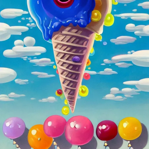 Image similar to Giant ice cream jellyfish, jellybeans, flowers, and mushrooms fly through the air, as a tornado approaches, by Takashi Murakami, Edward Hopper, Bo Bartlett, and Cynthia Sheppard, Artstation