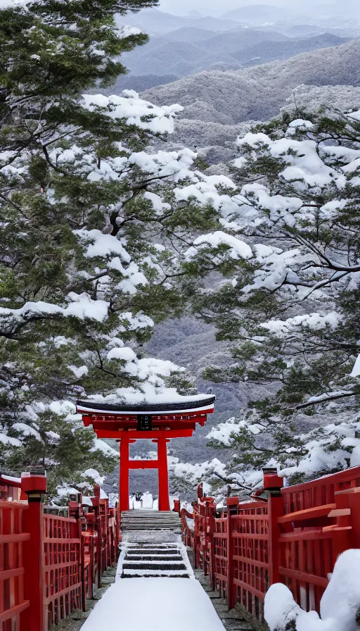 Prompt: a shinto shrine path atop a mountain,snowy,beautiful,nature,distant shot,isometric