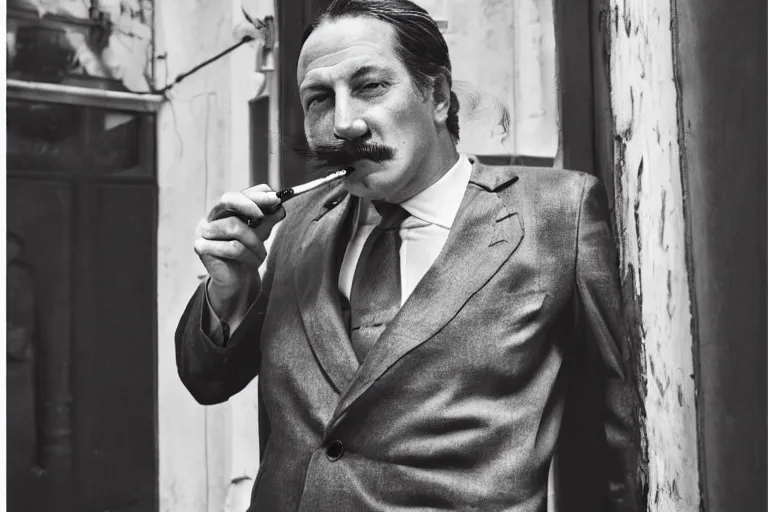 Image similar to mario testino photography, a male portrait, black hair, moustache, smoking a pipe