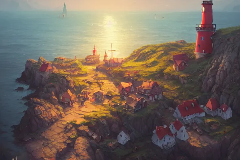 Image similar to Cozy small fantasy village on a cape with a lighthouse, fishing boats, view from above. In style of Greg Rutkowski, Jesper Ejsing, Makoto Shinkai, trending on ArtStation, fantasy, great composition, concept art, highly detailed, scenery, 8K, Behance.