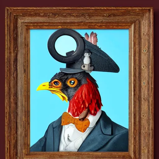 Image similar to a chicken butler with a fancy mustache and a monocle, highly detail, digital art, accurate anatomy,