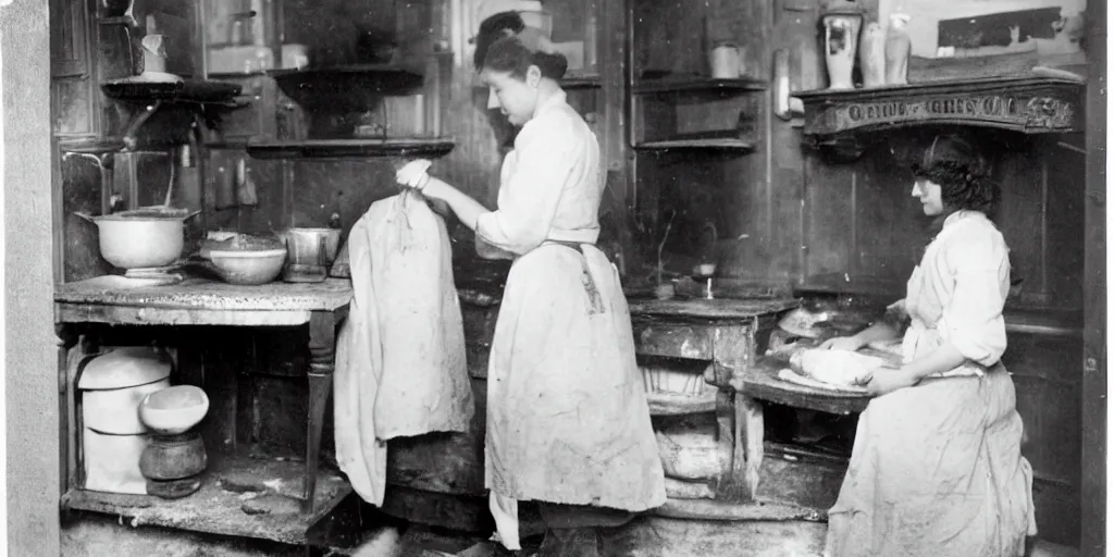 Image similar to a young edwardian woman baking bread in a cozy french kitchen