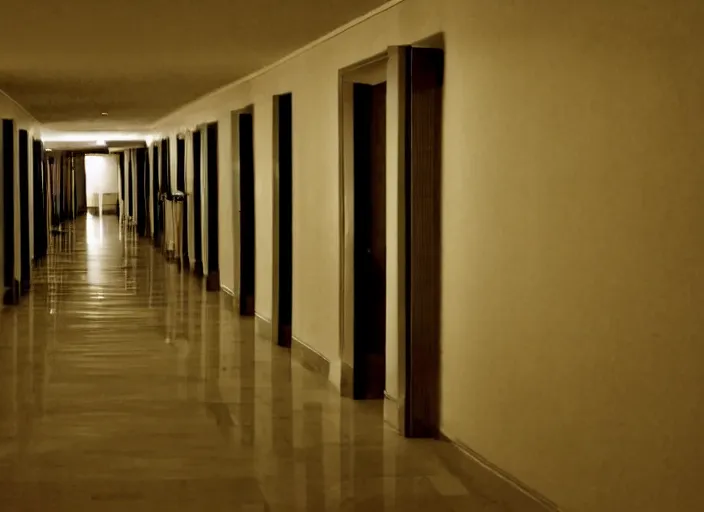 Prompt: Grainy photo of a long hallway in a hotel at night. A disfigured face peeks out of one of the rooms, horror movie still, dramatic lighting