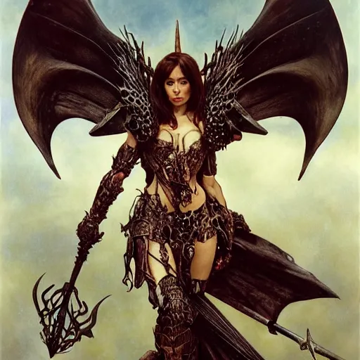 Image similar to head and shoulders portrait of an armored erinyes devil with huge bat wings, portrayed by olga kurylenko, d & d, fantasy, luis royo, magali villeneuve, donato giancola, wlop, krenz cushart, hans zatka, klimt, alphonse mucha