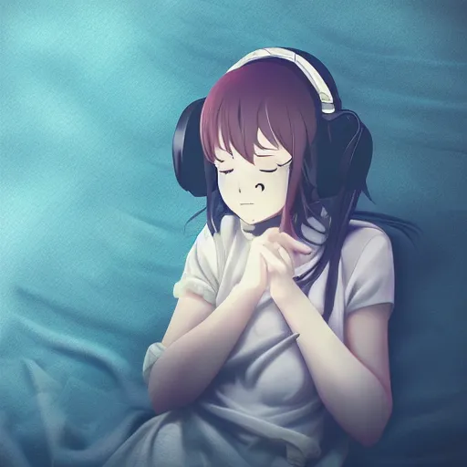 Prompt: girl listening to music at 1 am falling asleep, digital art, anime, kyoto animation key visual