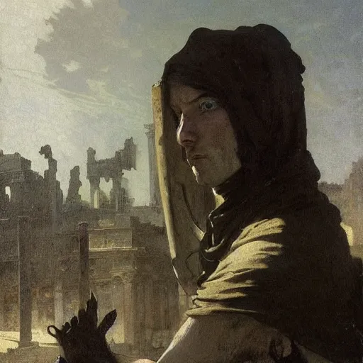 Image similar to half portait of magican wearing a closed cowl and big old book! chained to the wrist, jeremy mann, jean - leon gerome, tiepolo, alphonse mucha, greg rutkowski, face in the shadows, ( ( ruins of ancient rome ) ), at dusk, mysterious atmosphere, sunrays, dof, high detailed, 8 k