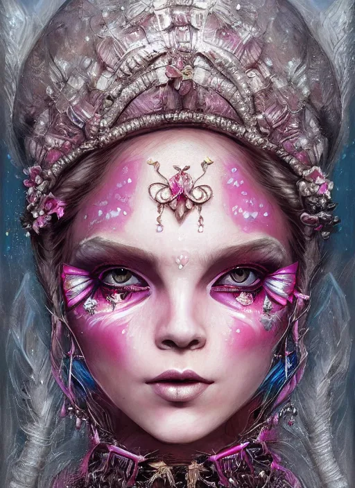 Prompt: portrait of pink fairy, symmetric, facepaint facepaint facepaint, intricate jewelry, trending on artstation 4 k, high quality, in the style of karol bak and tom bagshaw