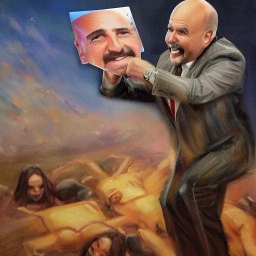 Image similar to highly detailed oil painting, concept art, dr phil laughing and dancing on a pile of dead bodies, concept art, highly detailed