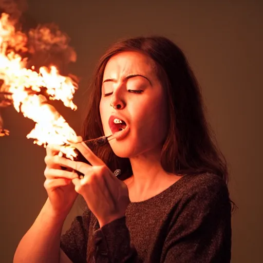 Prompt: photo of a woman blowing fire out of his mouth, movie scene, very real, astonishing, with fire effect