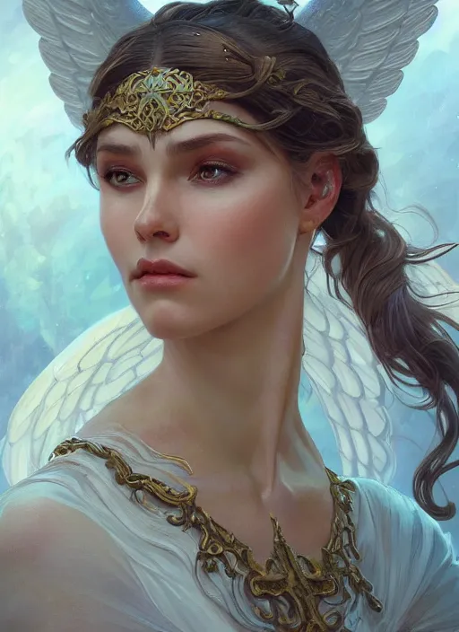 Image similar to close up portrait of beautiful angel, d & d, face, fantasy, intricate, elegant, highly detailed, digital painting, artstation, concept art, smooth, sharp focus, illustration, art by artgerm and greg rutkowski and alphonse mucha