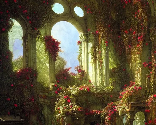 Prompt: Arcane temple of love, ivy and florid overgrowth, flowers, radiant light, ferdinand knab