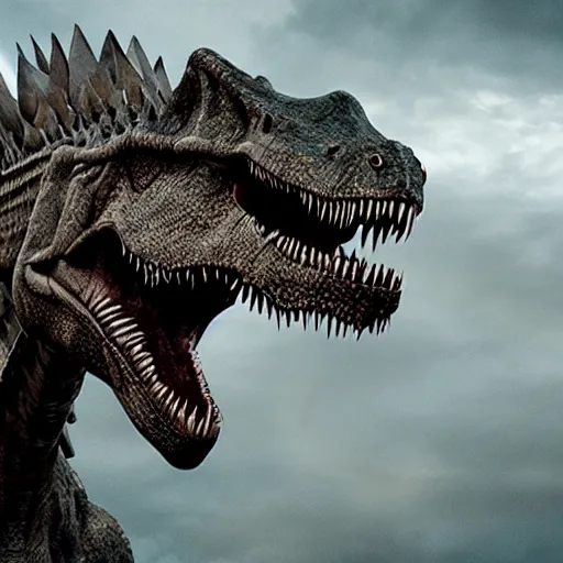 Prompt: dinosaur in game of thrones, photography, tv show, hbo,