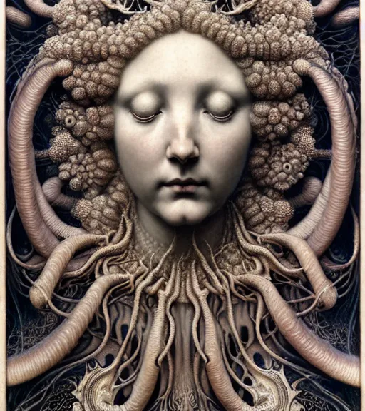 Prompt: detailed realistic beautiful scallop goddess face portrait by jean delville, gustave dore, iris van herpen and marco mazzoni, art forms of nature by ernst haeckel, art nouveau, symbolist, visionary, gothic, neo - gothic, pre - raphaelite, fractal lace, intricate alien botanicals, ai biodiversity, surreality, hyperdetailed ultrasharp octane render