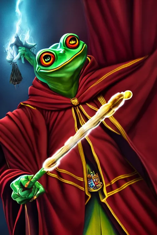 Image similar to harry potter frog mage in a gryffindor form, magic wand, in hogwarts, high details, volume light, best composition, 4 k