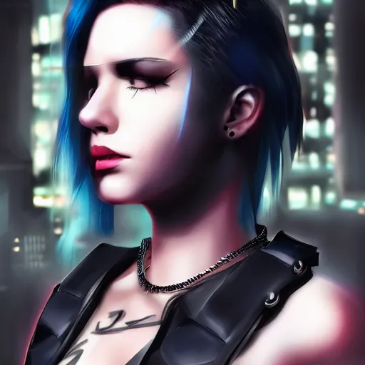 Image similar to female character cyberpunk wearing spiked black collar around neck, realistic, art, beautiful, 4K, HD, collar, choker, collar, choker, punk, artstation, wallpaper,