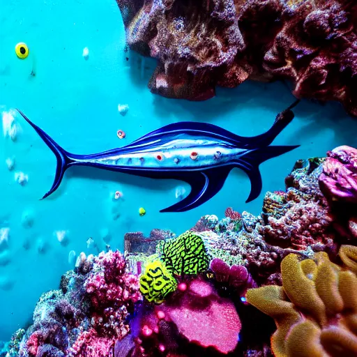 Image similar to alien fish swimming on the ocean bed, deep blue ocean color, some plant life, alien landscape