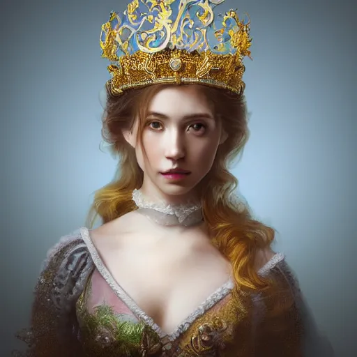 Image similar to a portrait of a beautiful girl with crown,inspired by Baroque and Rococo,hint of gold ,bright colours,hyper realistic,photo real ,matte painting, concept art, hdri, 4k -