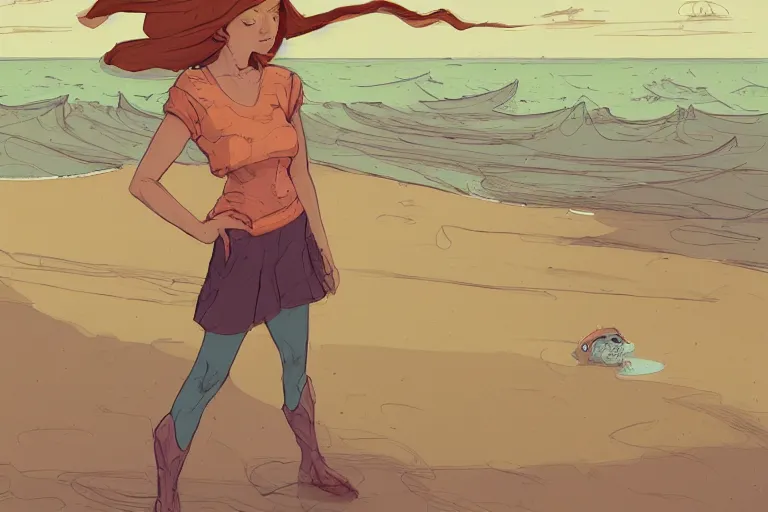 Image similar to a study of cell shaded cartoon of a girl standing on a beach, illustration, wide shot, subtle colors, post grunge, concept art by josan gonzales and wlop, by james jean, Victo ngai, David Rubín, Mike Mignola, Laurie Greasley, highly detailed, sharp focus, alien, Trending on Artstation, HQ, deviantart, art by artgem