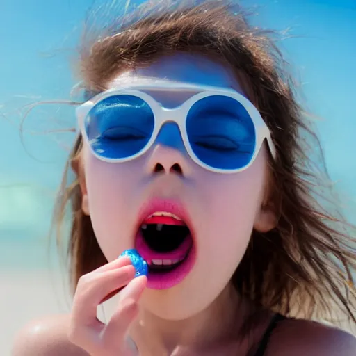 Prompt: girl with blue lips chewing bubble gum on a white sand beach 4k quality super realistic